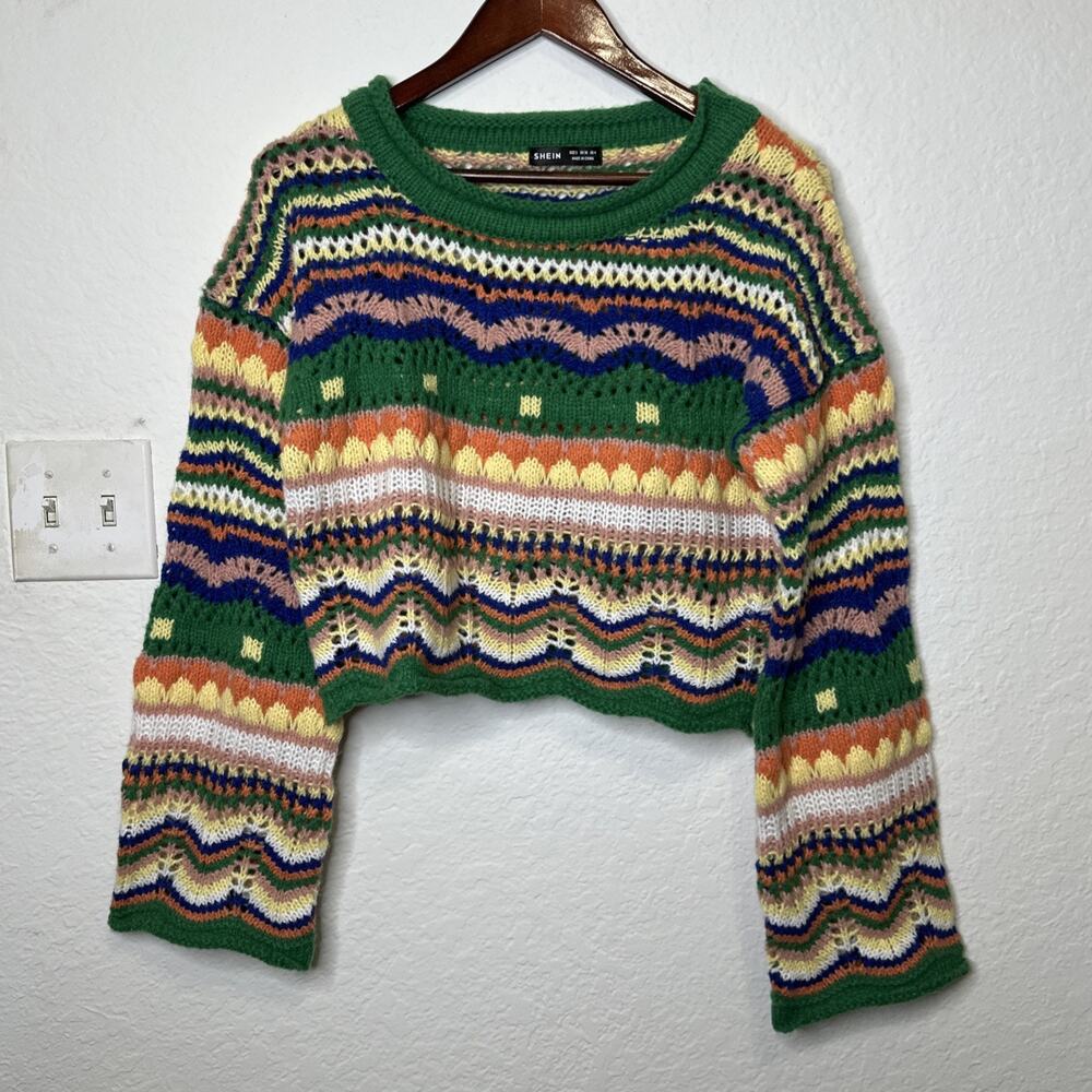 SHEIN Chevron Crochet Knit Crop Sweater Multi Color Striped Small US 4 Boho